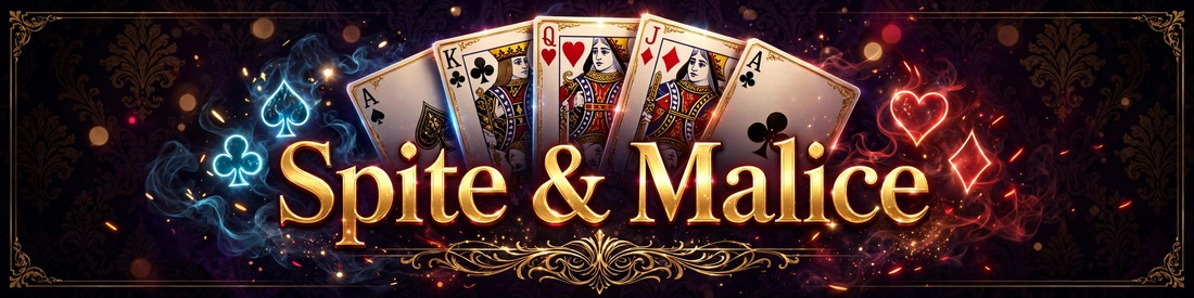 Spite & Malice banner with playing cards and glowing suit symbols